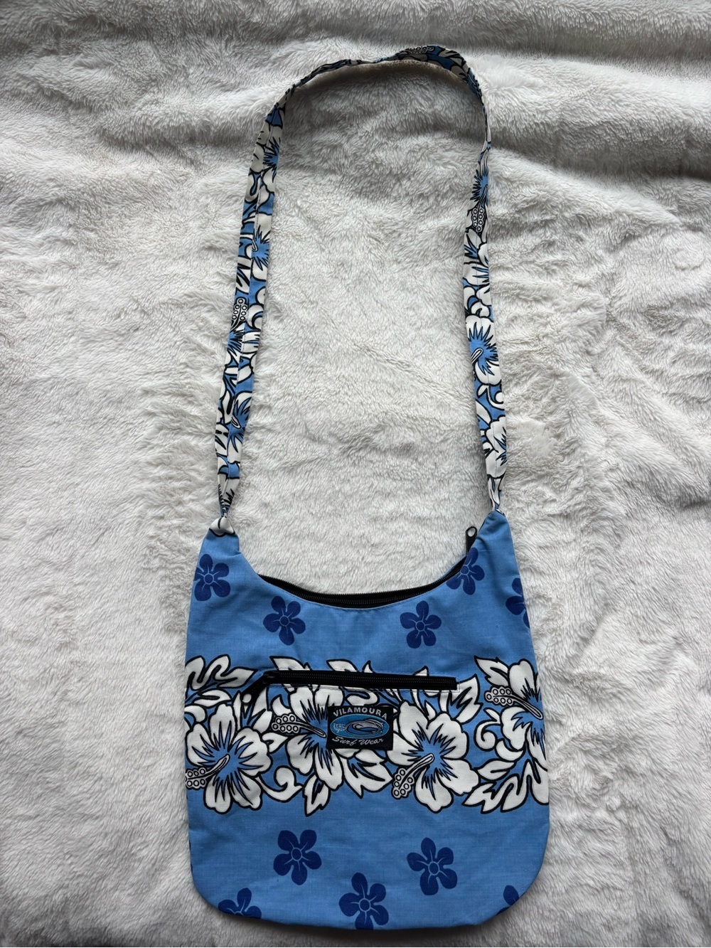 Vintage Vilamoura Surf Wear Blue Tropical Floral Canvas Crossbody Bag